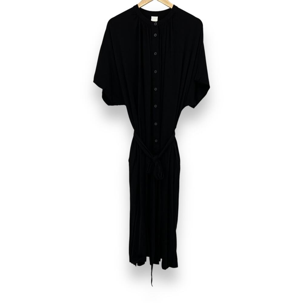 H&M Short Sleeve Belted Knee Length Button Down Dress‎ Women’s XL Black Casual